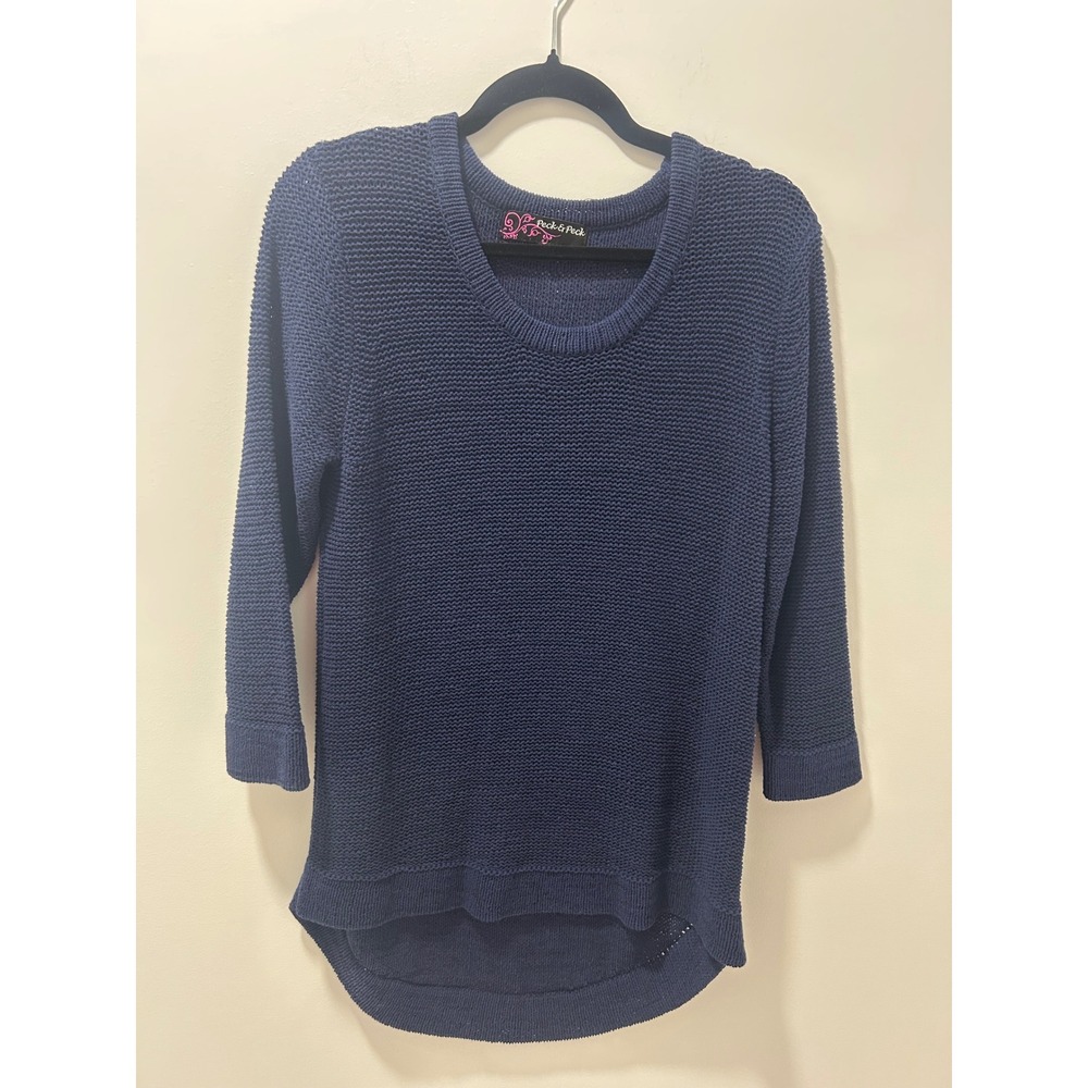 Peck & Peck Navy Blue Knit Scoop Neck Sweater 3/4 Sleeve High-Low Hem Size M